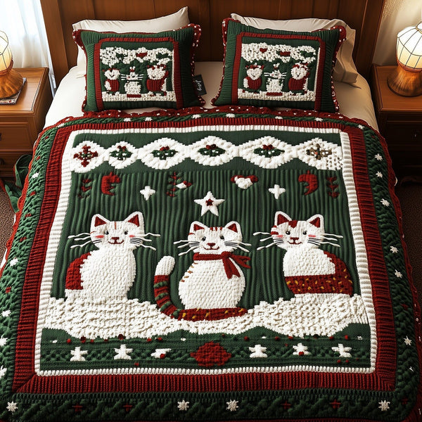 Merry Meow Moments quilted 3-piece bedding set on a made bed in a winter-styled bedroom