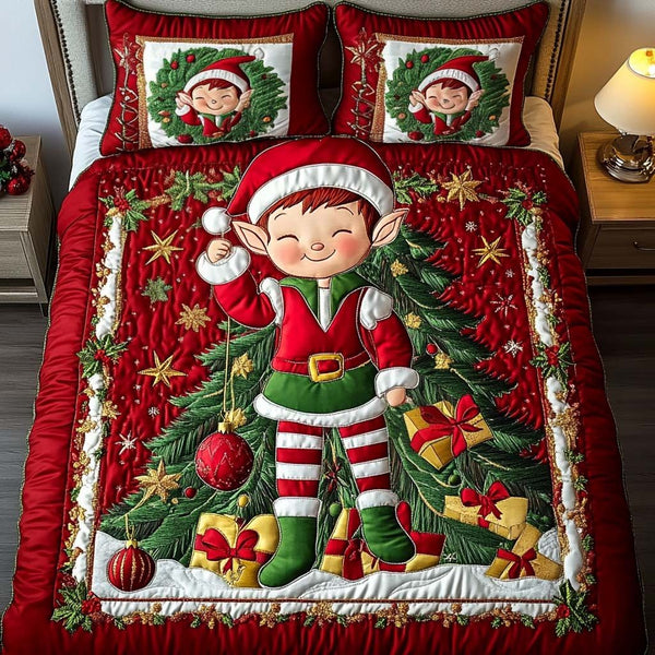 Merry Mischief quilted 3-piece bedding set on a made bed in a winter-styled bedroom