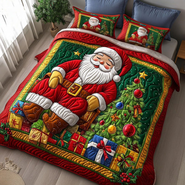 Merry Moments quilted 3-piece bedding set on a made bed in a winter-styled bedroom