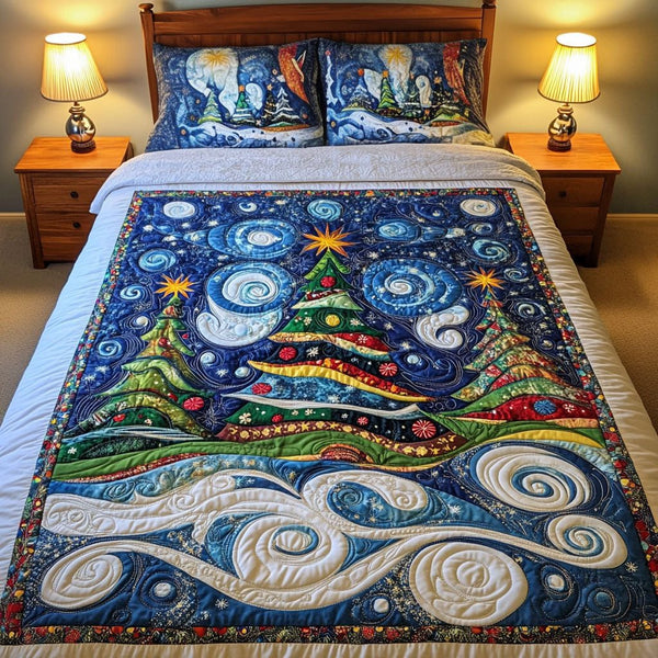 Merry Moments quilted 3-piece bedding set on a made bed in a winter-styled bedroom