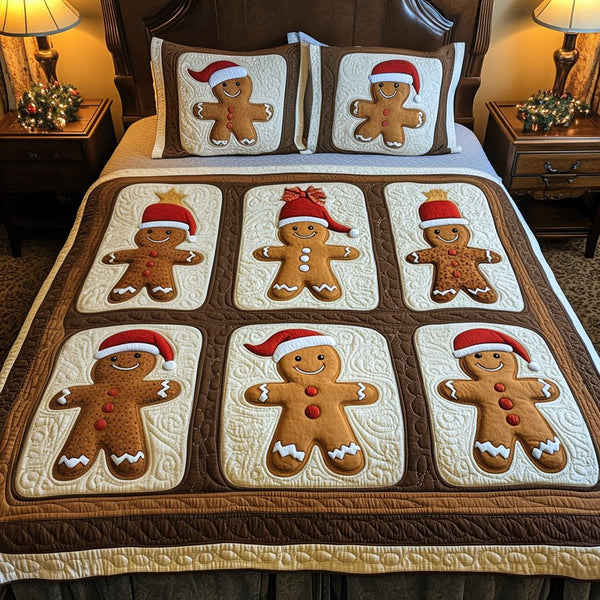 Merry Morsels quilted 3-piece bedding set on a made bed in a winter-styled bedroom