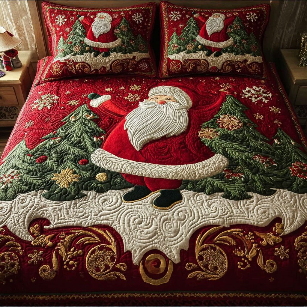 Merry Night quilted 3-piece bedding set on a made bed in a winter-styled bedroom