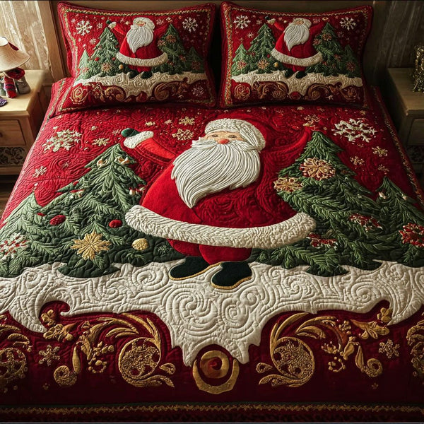 Merry Night quilted 3-piece bedding set on a made bed in a winter-styled bedroom
