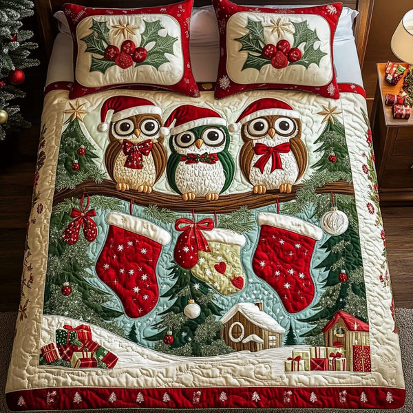 Merry Owls quilted 3-piece bedding set on a made bed in a winter-styled bedroom