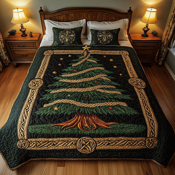 Merry Pine quilted 3-piece bedding set on a made bed in a winter-styled bedroom