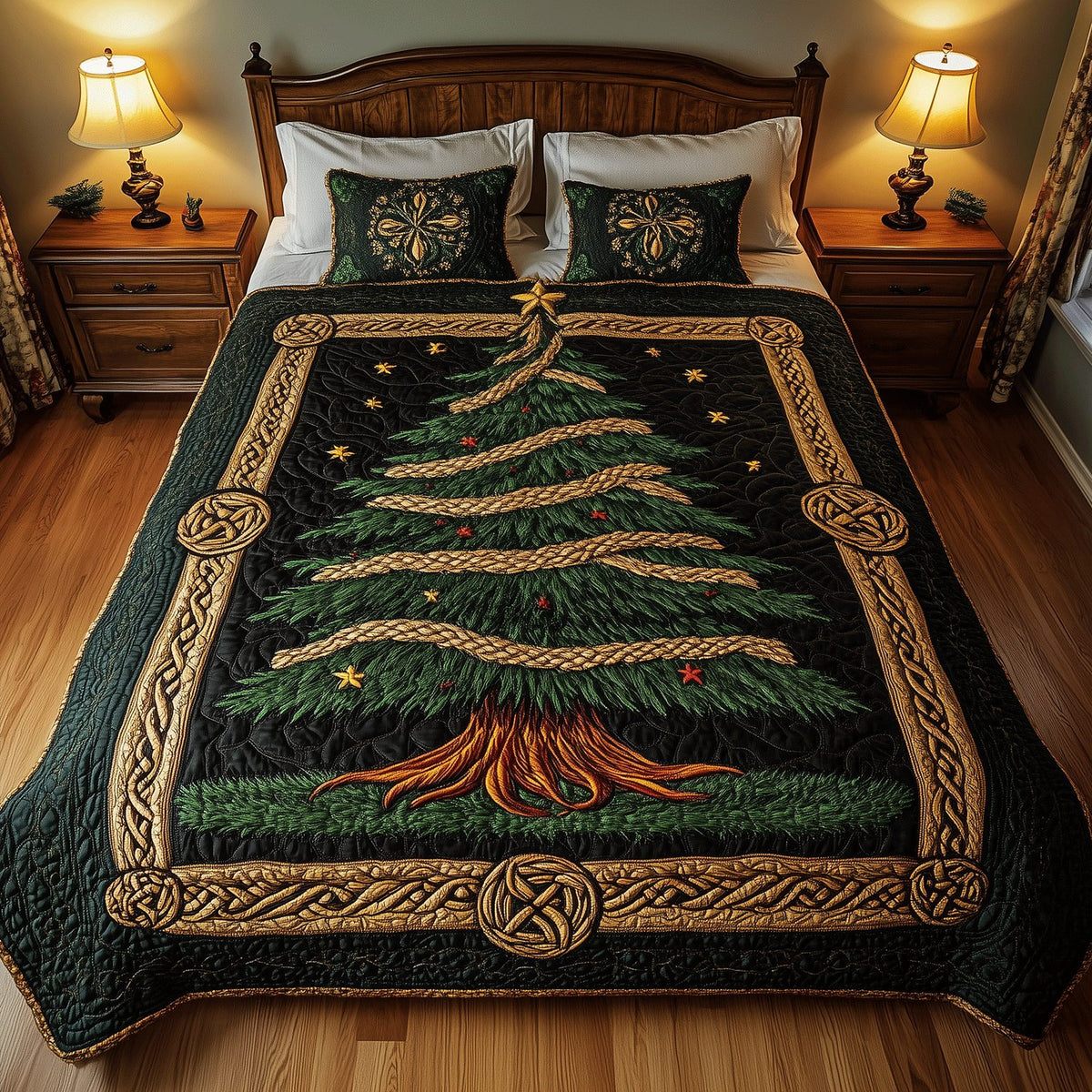 Merry Pine quilted 3-piece bedding set on a made bed in a winter-styled bedroom