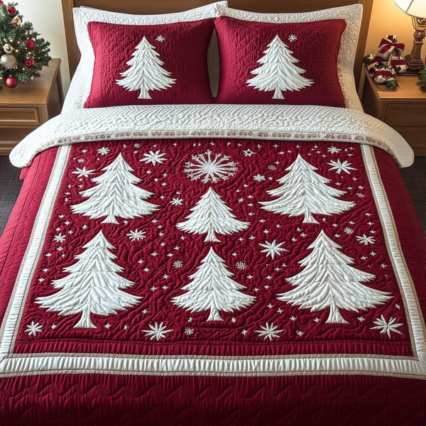 Merry Pines quilted 3-piece bedding set on a made bed in a winter-styled bedroom