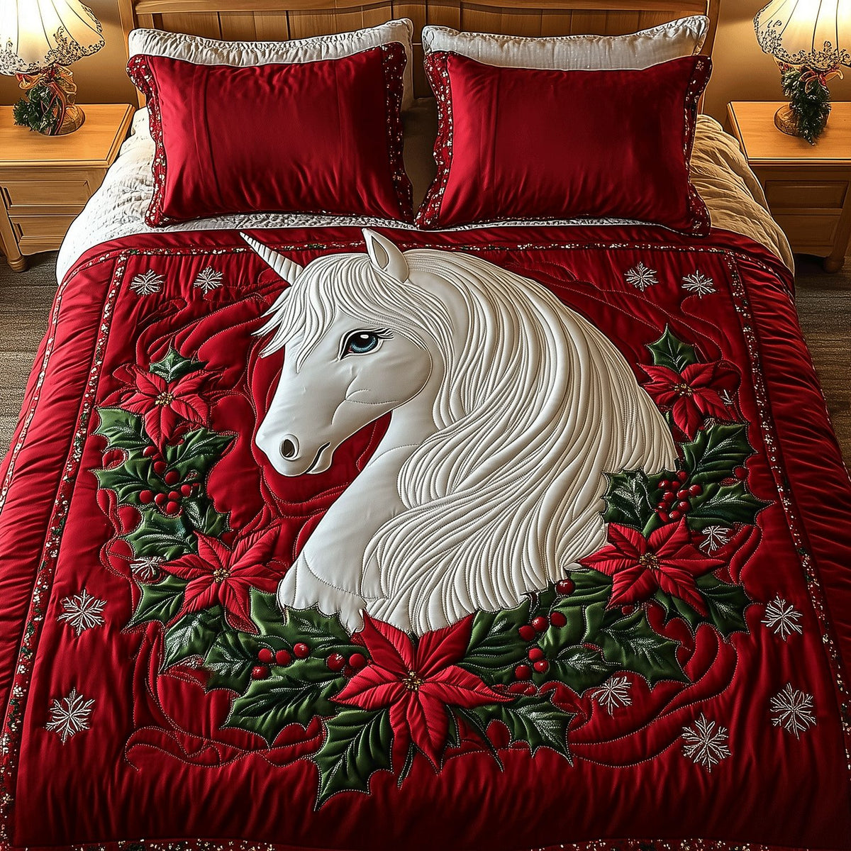 Merry Pony quilted 3-piece bedding set on a made bed in a winter-styled bedroom