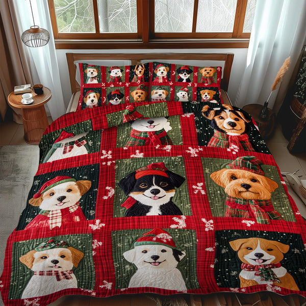 Merry Puppy Christmas quilted 3-piece bedding set on a made bed in a winter-styled bedroom