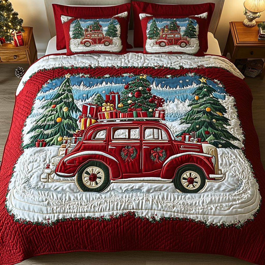 Merry Ride quilted 3-piece bedding set on a made bed in a winter-styled bedroom