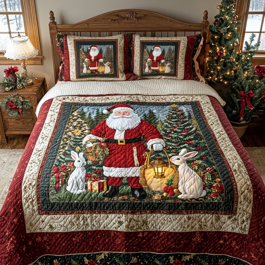 Merry Saint quilted 3-piece bedding set on a made bed in a winter-styled bedroom