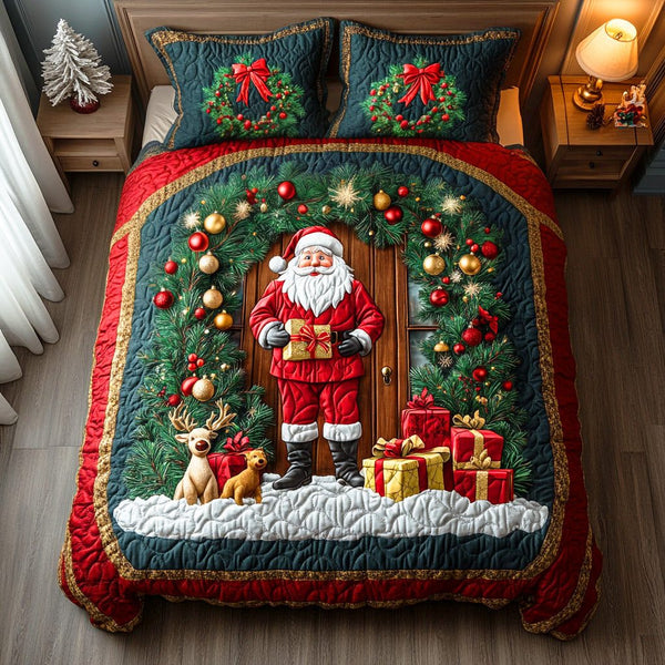 Merry Santa Journey quilted 3-piece bedding set on a made bed in a winter-styled bedroom