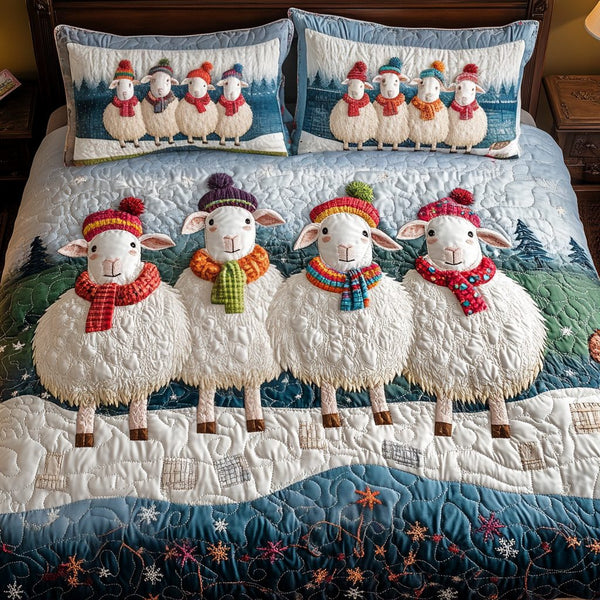 Merry Sheep quilted 3-piece bedding set on a made bed in a winter-styled bedroom