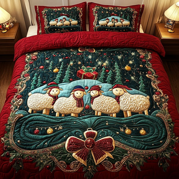 Merry Sheepmas quilted 3-piece bedding set on a made bed in a winter-styled bedroom