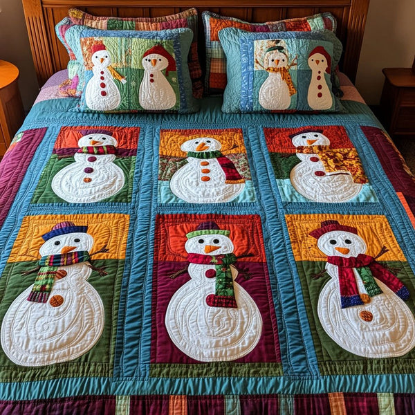 Merry Sleighbound quilted 3-piece bedding set on a made bed in a winter-styled bedroom