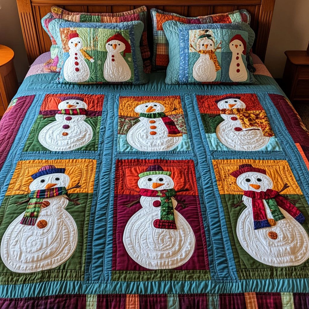 Merry Sleighbound quilted 3-piece bedding set on a made bed in a winter-styled bedroom