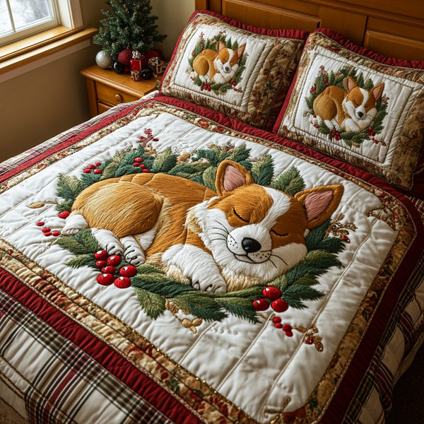 Merry Snooze to You quilted 3-piece bedding set on a made bed in a winter-styled bedroom