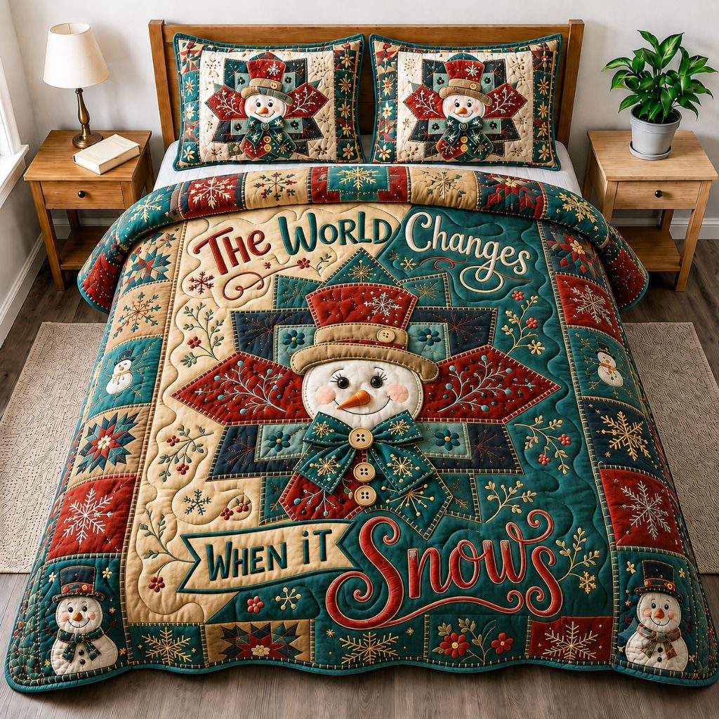 Merry Snowman Wonderland quilted 3-piece bedding set on a made bed in a winter-styled bedroom