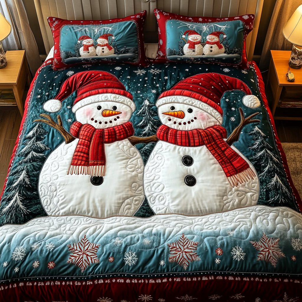 Merry Snowmen quilted 3-piece bedding set on a made bed in a winter-styled bedroom