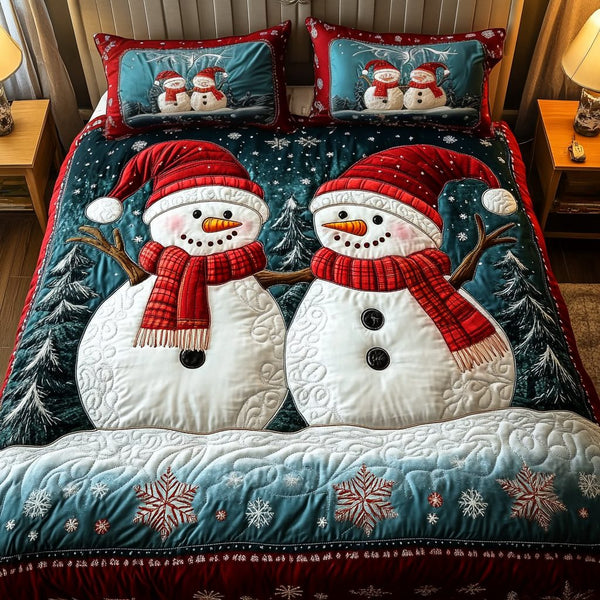Merry Snowmen quilted 3-piece bedding set on a made bed in a winter-styled bedroom