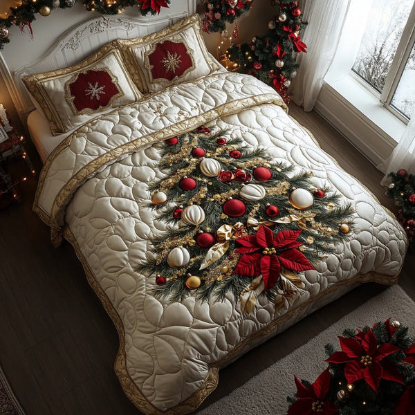 Merry Spruce quilted 3-piece bedding set on a made bed in a winter-styled bedroom