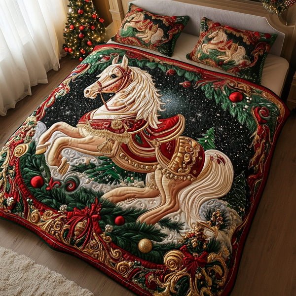 Merry Steed quilted 3-piece bedding set on a made bed in a winter-styled bedroom
