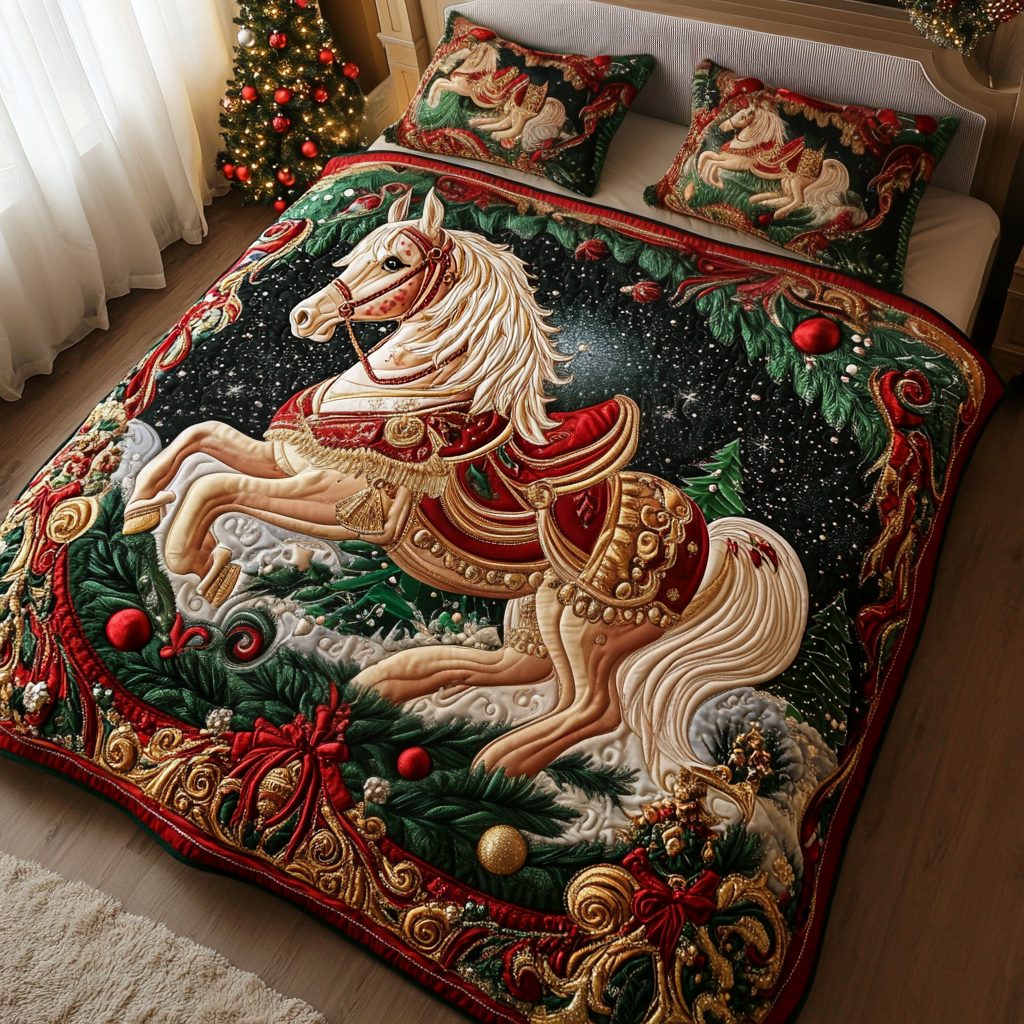 Merry Steed quilted 3-piece bedding set on a made bed in a winter-styled bedroom