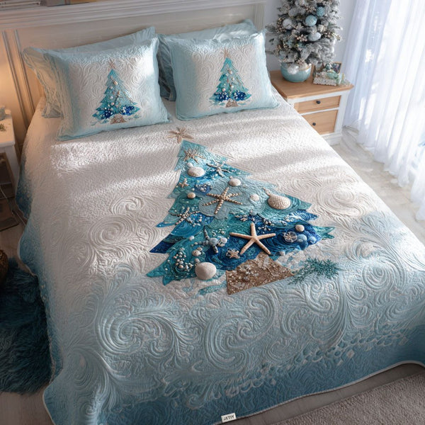Merry Tides quilted 3-piece bedding set on a made bed in a winter-styled bedroom