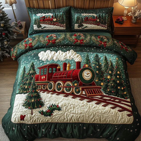 Merry Train Adventure quilted 3-piece bedding set on a made bed in a winter-styled bedroom
