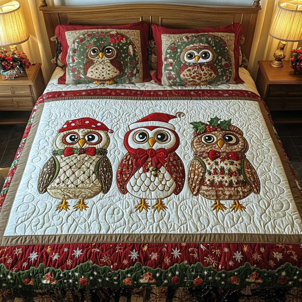 Merry Trio quilted 3-piece bedding set on a made bed in a winter-styled bedroom