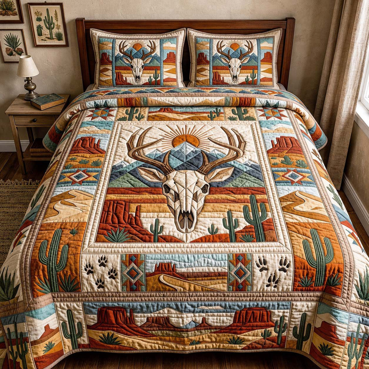Mesa Antlers quilted 3-piece bedding set on a made bed with two matching pillow shams