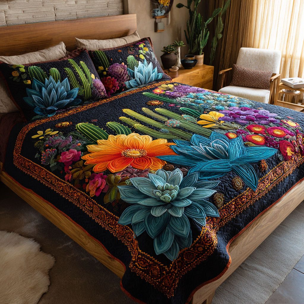 Mesa Glow quilted 3-piece bedding set on a made bed with two matching pillow shams