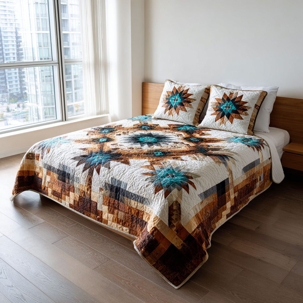 Mesa Sunset quilted 3-piece bedding set on a made bed with two matching pillow shams