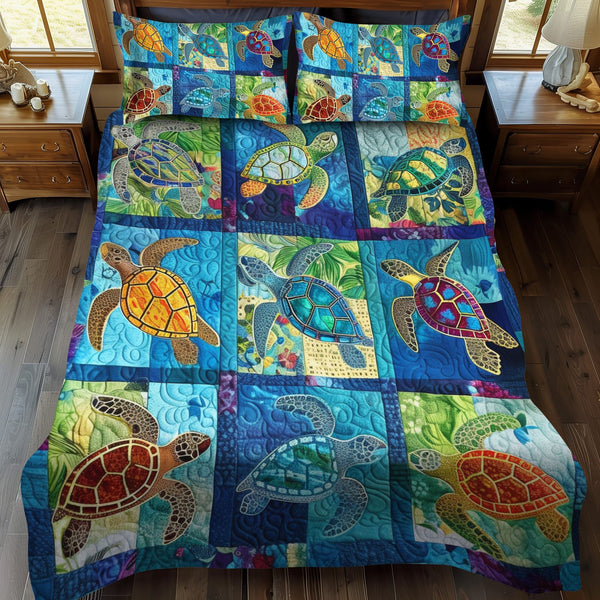 Mesmerizing Turtles quilted 3-piece bedding set on a made bed in a light coastal bedroom