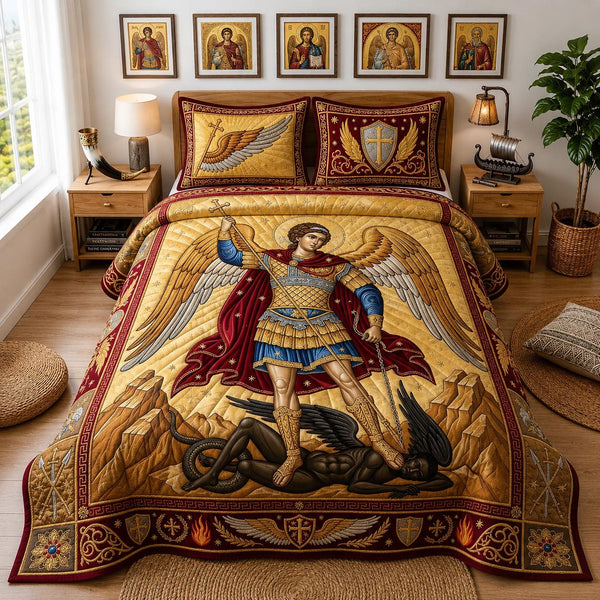 Michael Archangel quilted 3-piece bedding set on a made bed in a softly lit bedroom