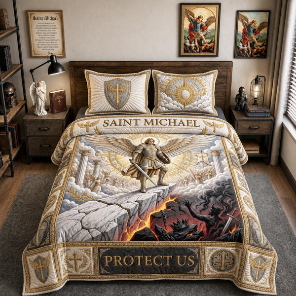 Michael Archangel quilted 3-piece bedding set on a made bed in a softly lit bedroom