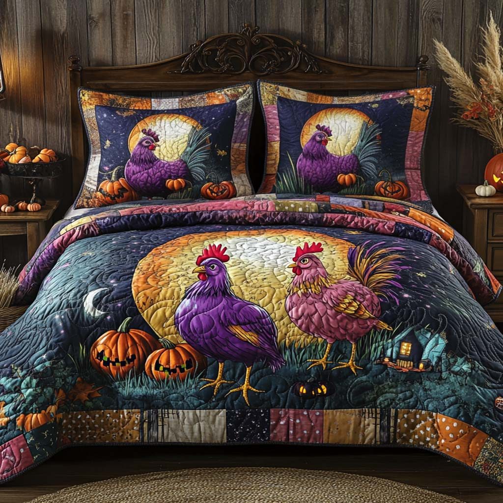 Midnight Barnyard Magic quilted 3-piece bedding set on a made bed with two matching pillow shams
