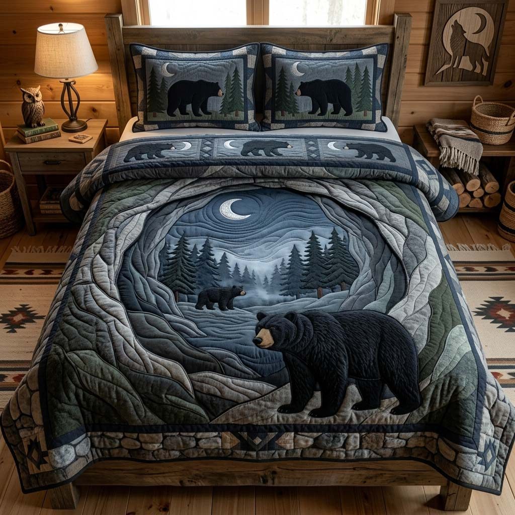Midnight Bear Cave quilted 3-piece bedding set on a made bed with two matching pillow shams