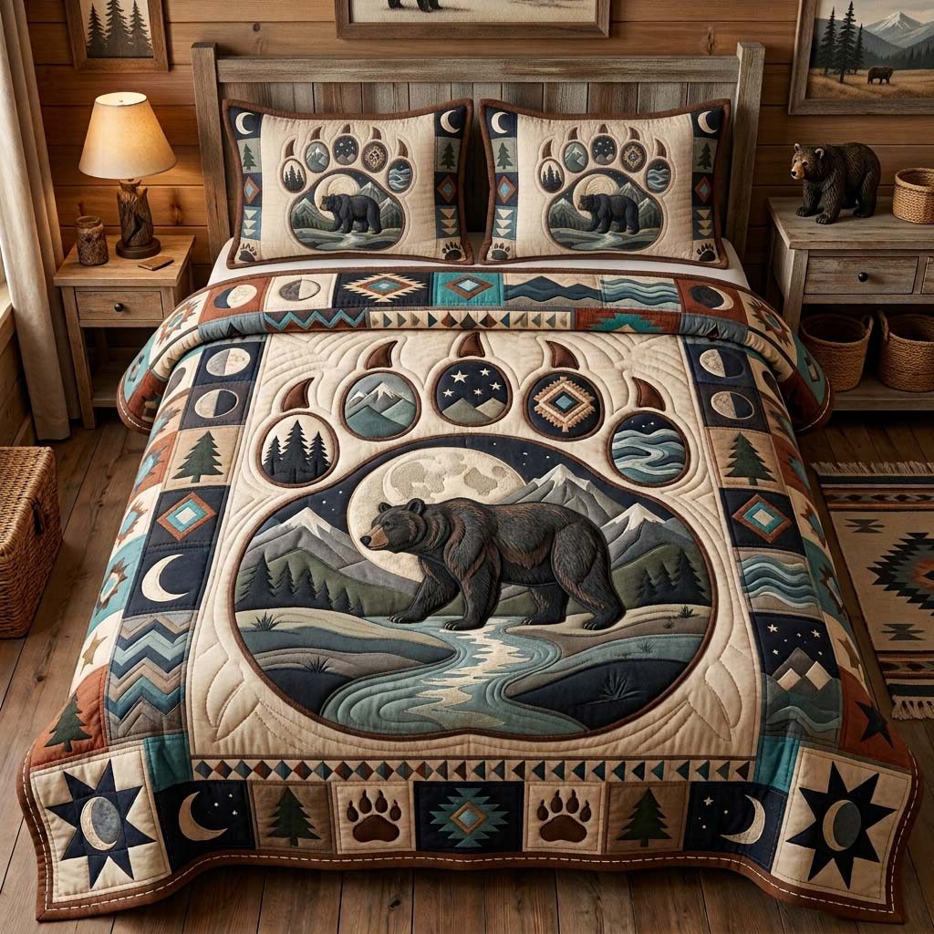 Midnight Bear Lodge quilted 3-piece bedding set on a made bed with two matching pillow shams