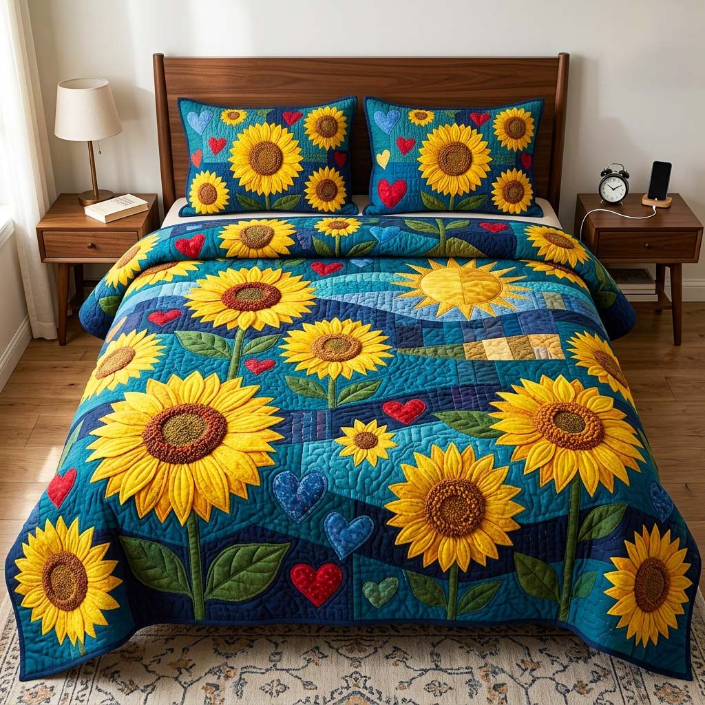 Midnight Bloom quilted 3-piece bedding set on a made bed with two matching pillow shams