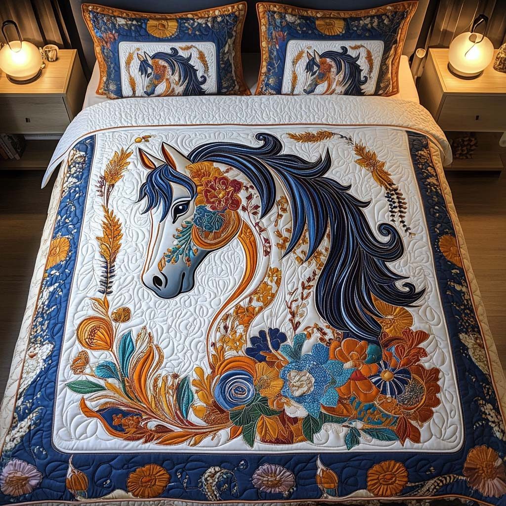 Midnight Bloom quilted 3-piece bedding set on a made bed with two matching pillow shams
