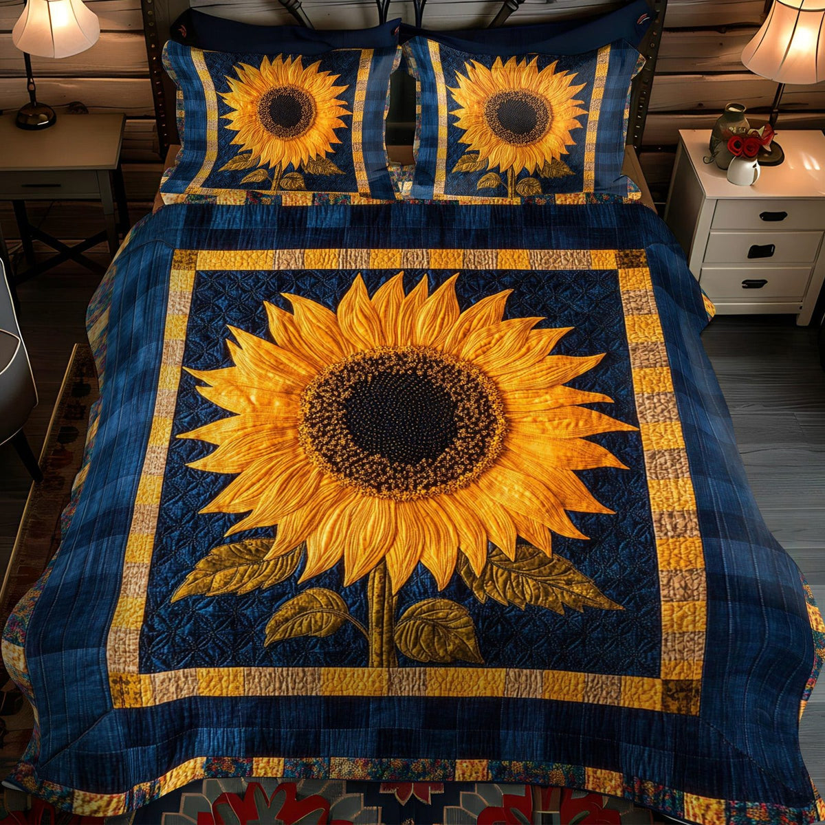 Midnight Bloom quilted 3-piece bedding set on a made bed with two matching pillow shams