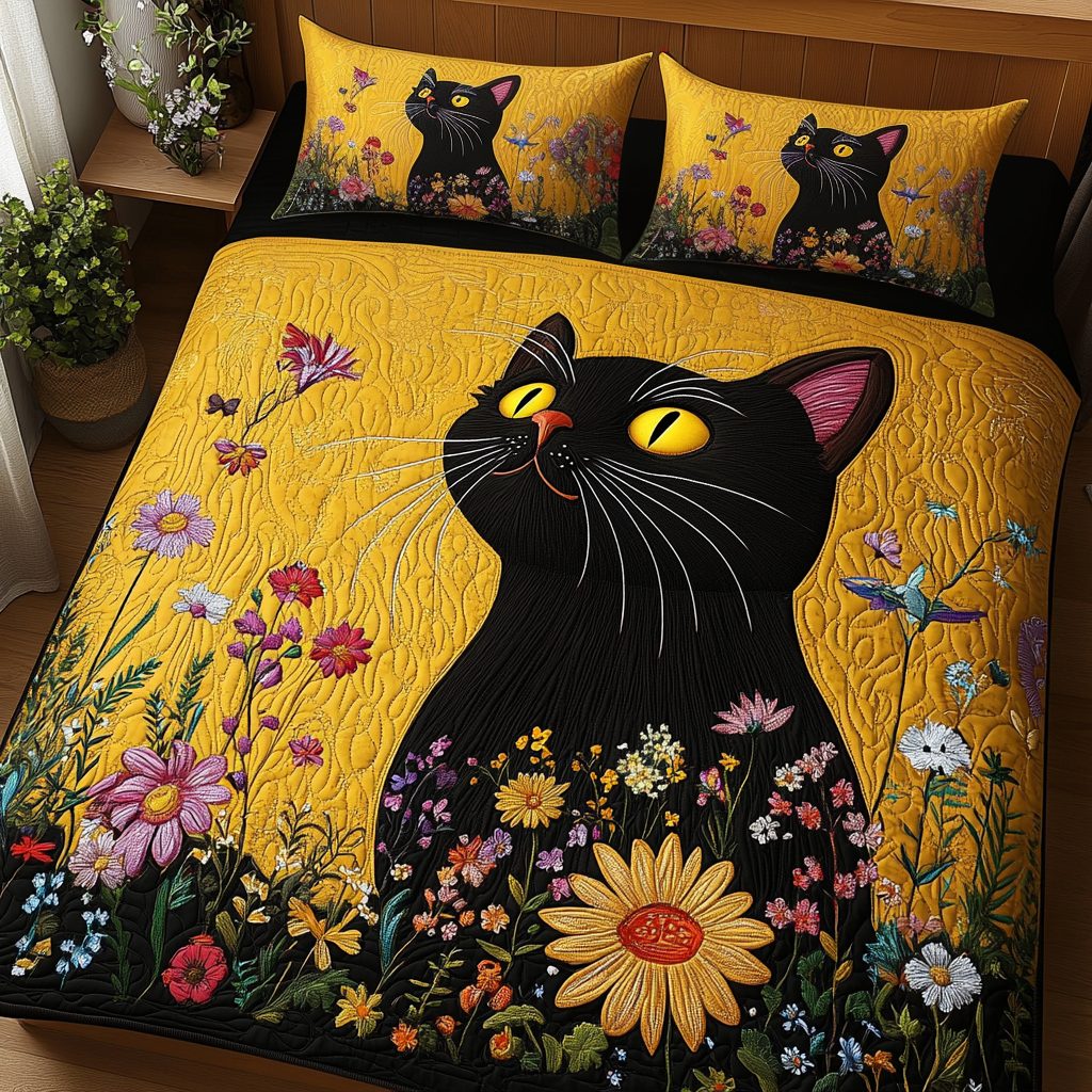 Midnight Bloom quilted 3-piece bedding set on a made bed with two matching pillow shams
