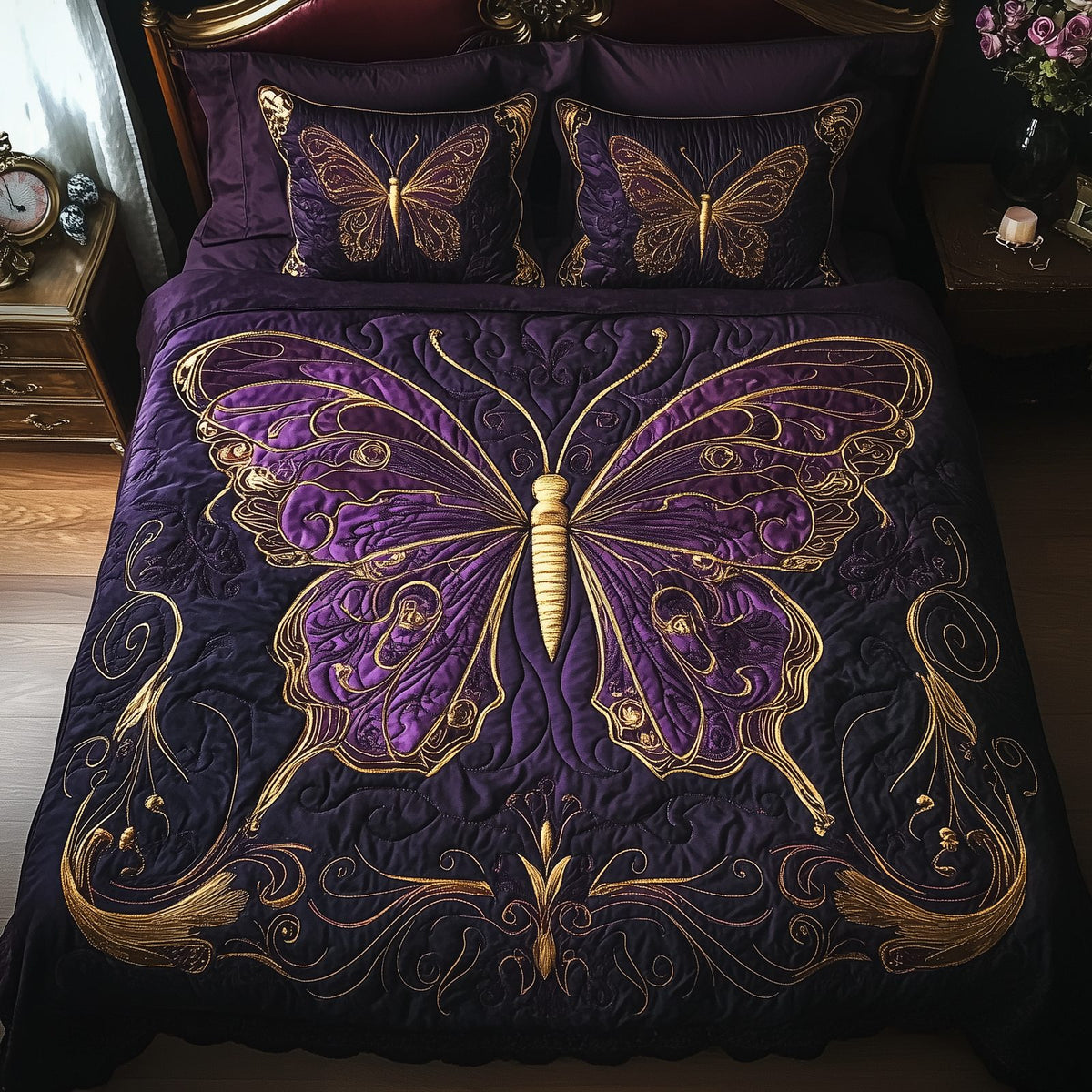 Midnight Butterfly quilted 3-piece bedding set on a made bed with two matching pillow shams