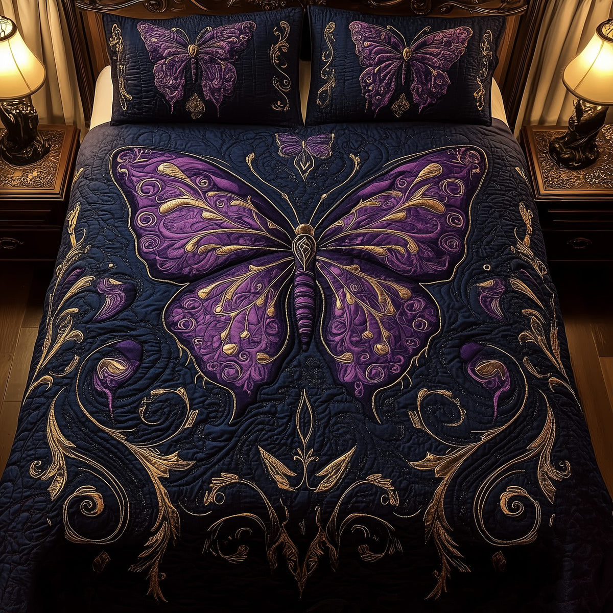 Midnight Butterfly quilted 3-piece bedding set on a made bed with two matching pillow shams