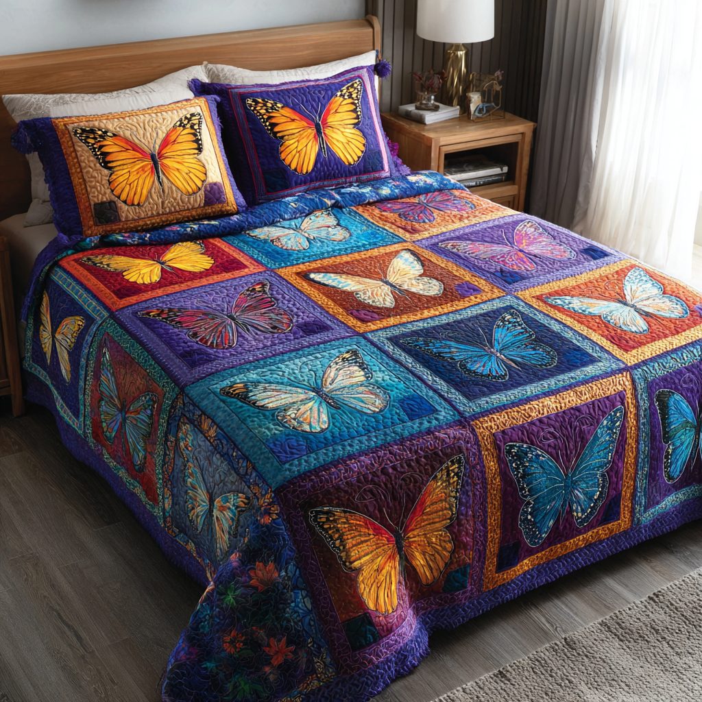 Midnight Butterfly quilted 3-piece bedding set on a made bed with two matching pillow shams