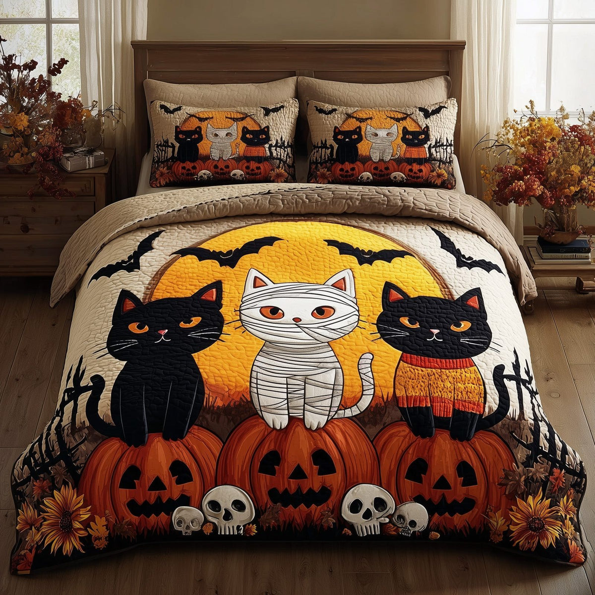 Midnight Cat quilted 3-piece bedding set on a made bed with two matching pillow shams