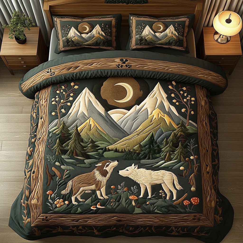 Midnight Chase quilted 3-piece bedding set on a made bed with two matching pillow shams