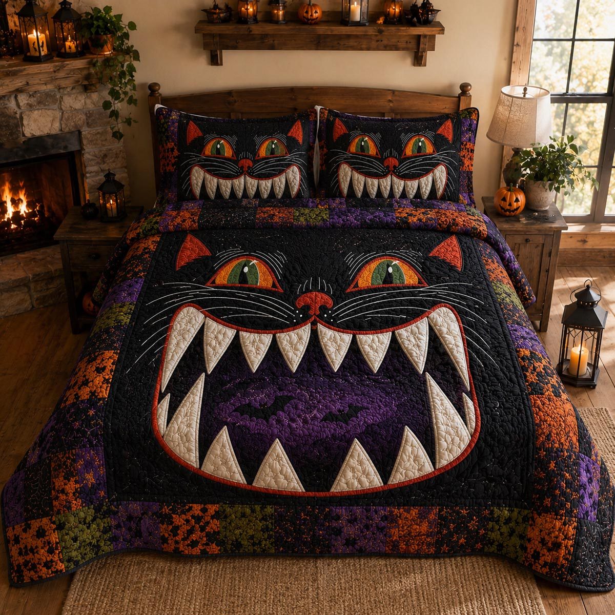Midnight Chomper quilted 3-piece bedding set on a made bed with two matching pillow shams