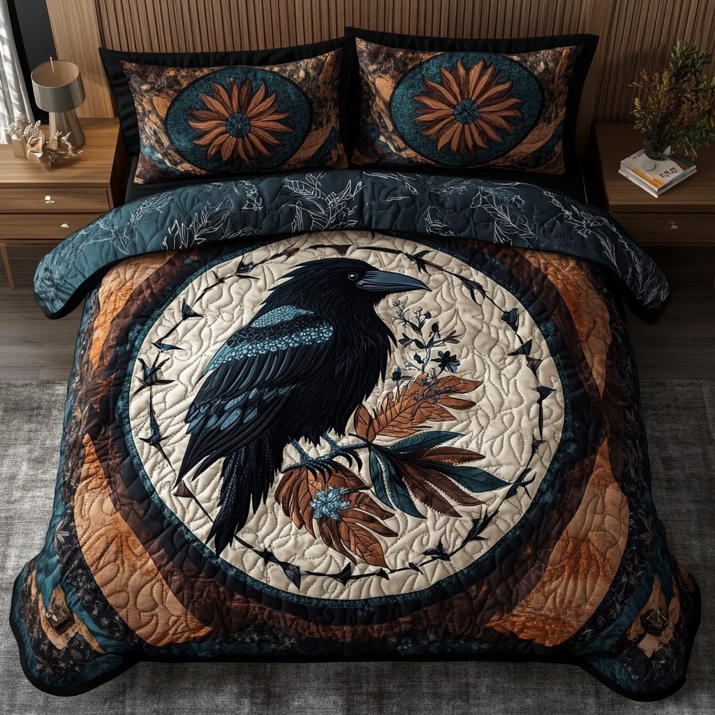 Midnight Crow quilted 3-piece bedding set on a made bed with two matching pillow shams